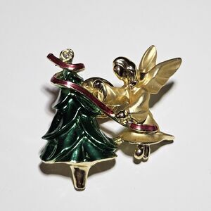 Vintage Goldtone Signed GIGI GIUSTI Angel & Enamel Christmas Tree Brooch Pin